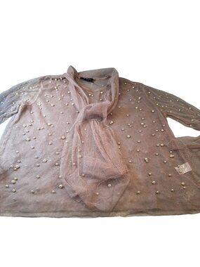 The Moon Pearl Sheer Mesh Blouse Womens Scarf Balloon Long Sleeve High Neck